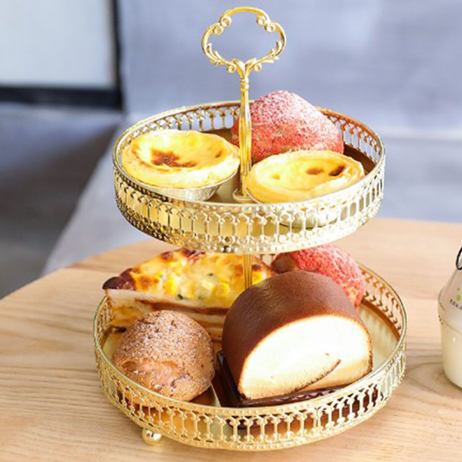 Double Layer Pastry Tray Decorative Copper Gold Biscuits Dessert Display Plate for Wedding Hollowed Out Vertical Grain — image 6