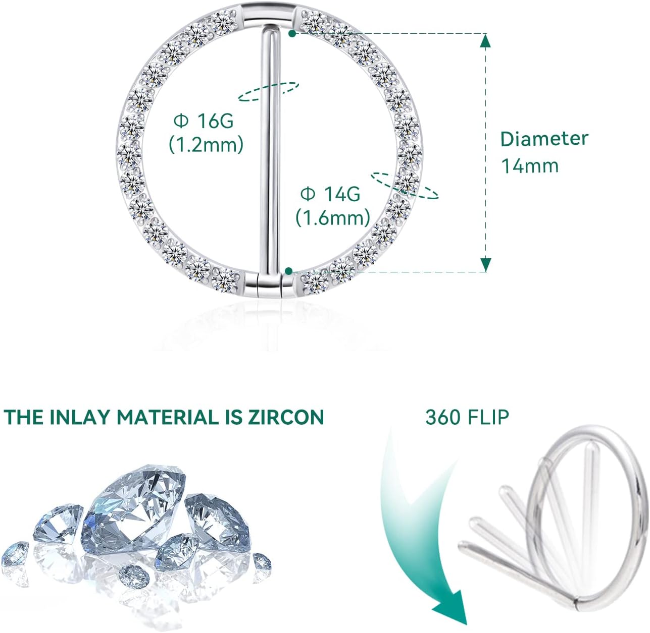 16G Nipple Rings, 2Pcs G23 14mm Solid Titanium Nipple Piercing Jewelry with Clear Shiny Cubic Zircon for Women, 14mm, Titanium, cubic zirconia — image 2