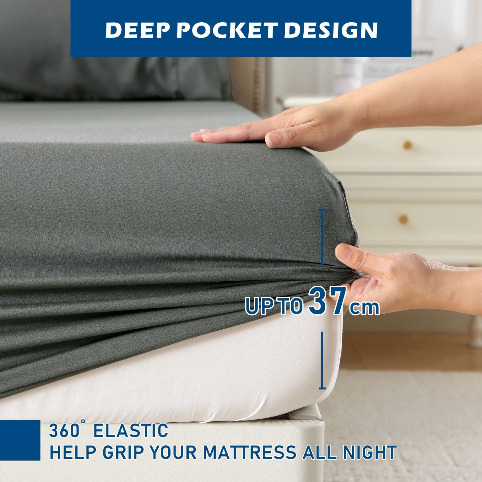 3 Piece Hotel Bamboo Cooling Sheet Set -Ultra Soft 2000TC Breathable Bed Sheets Set with 37 Centimetre Deep Pocket-Cooling Sheets for Hot Sleepers(Grey,King — image 4