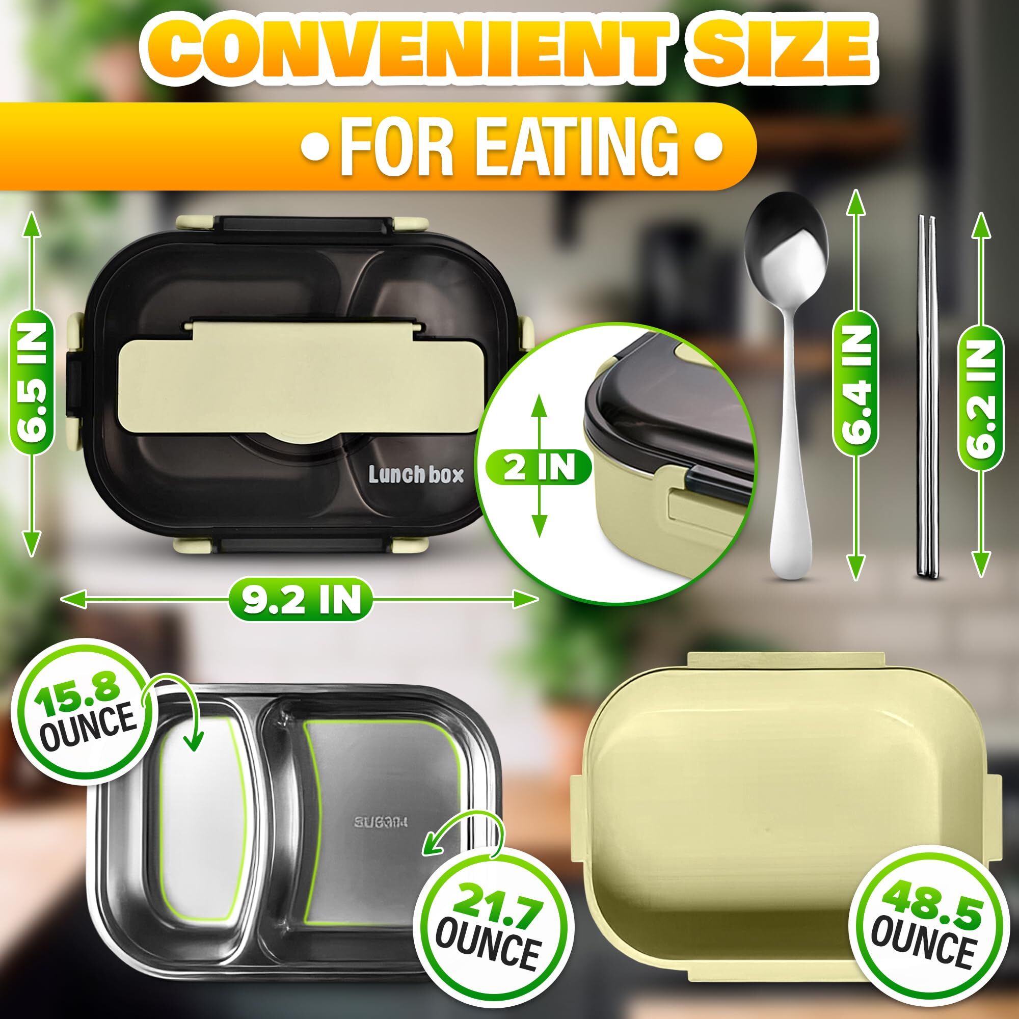 Stainless Steel Bento Lunch Box with Dual Compartments & Utensils – Microwave & Dishwasher Safe for Adults (Green) — image 2