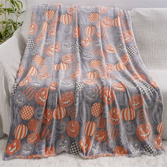 Glow in the Dark Flannel Blanket with Playful Hallowen Pumpkin (S128 / 150 x 200CM) - Versatile Soft Plush Magic Throw Blanket, Durable High Density Woven &