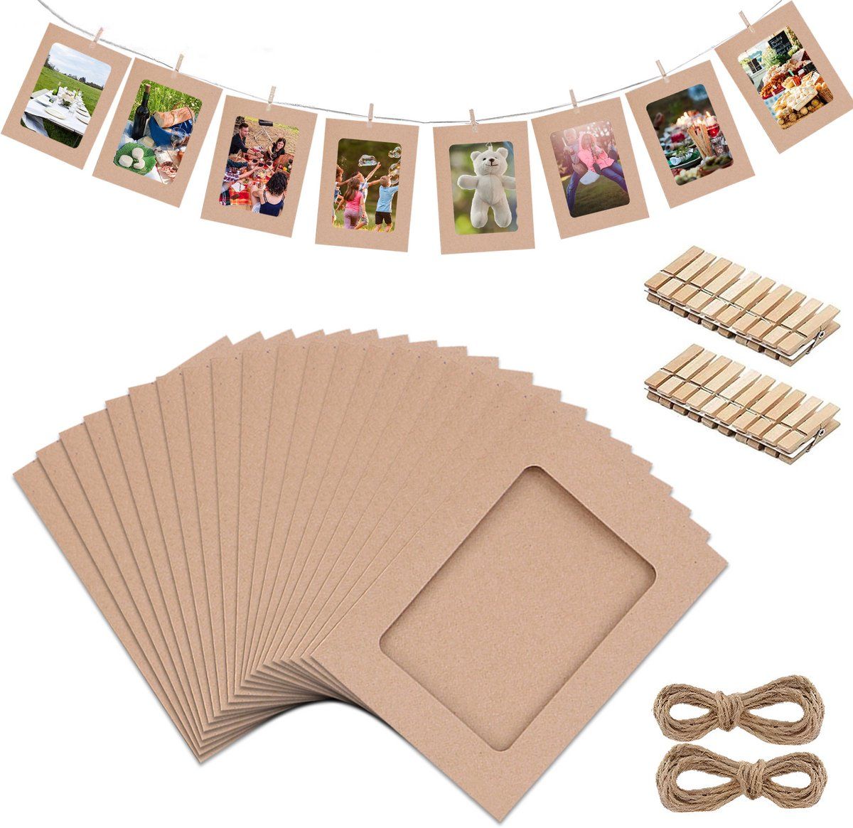 20-Pack 5-Inch Kraft Paper Photo Frames with Wooden Clips and Hanging Twine for Wall Displays and Events