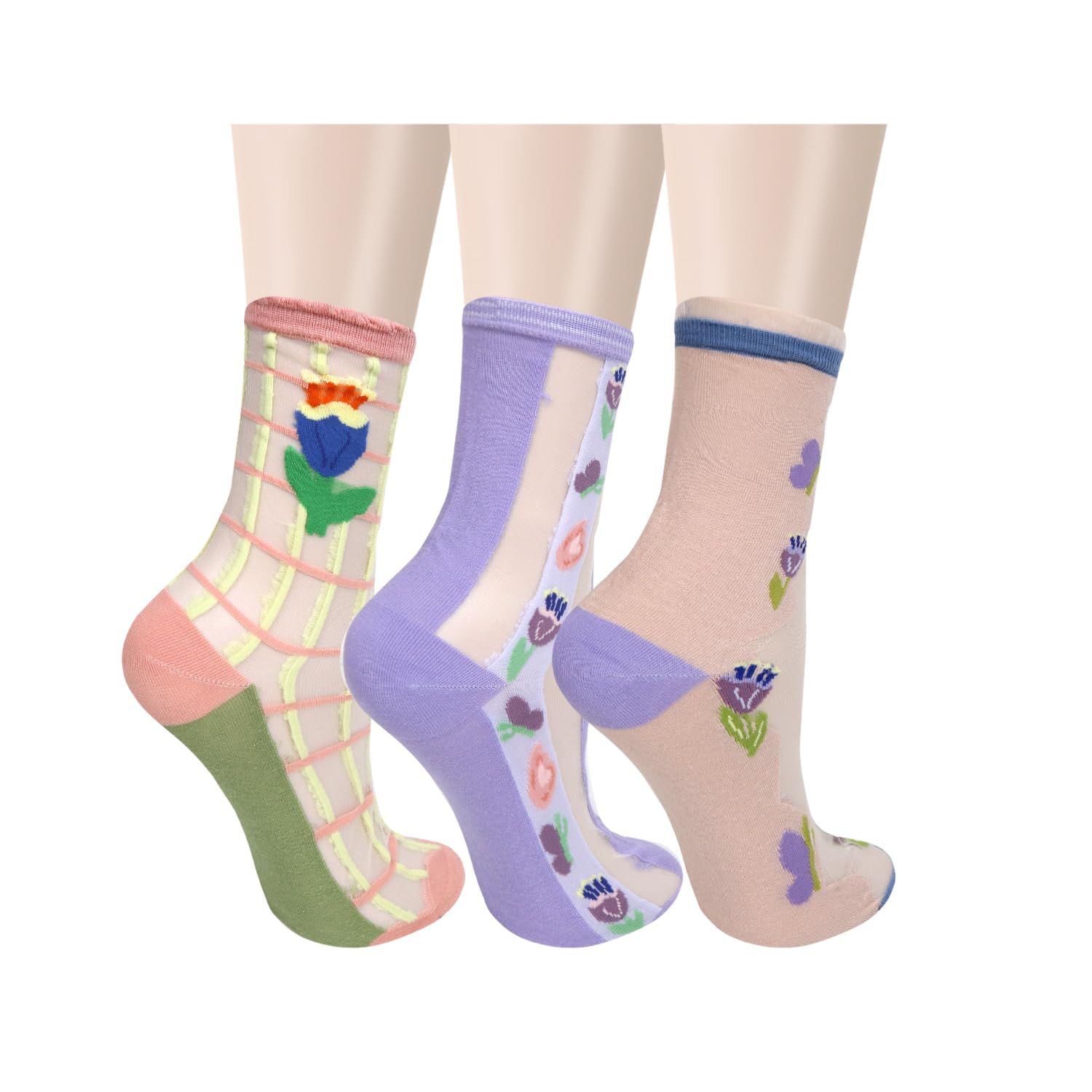 3 pairs Womens Girls Lace Sheer Socks Ultrathin Crystal Glass Crew Socks Transparent Novelty Nylon Fishnet Ankle Socks — image 3