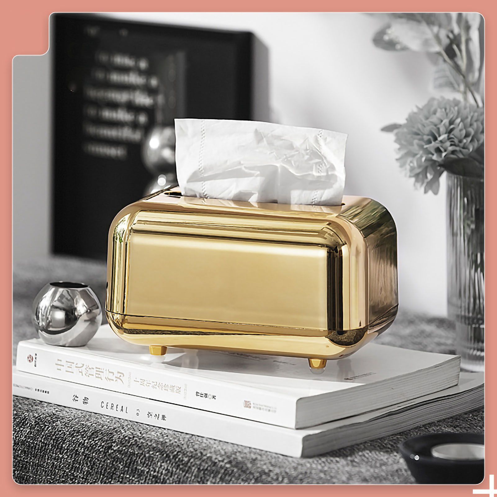Tissue Storage Box Electroplated Magnetic Retro Built in Spring Facial Tissue Dispenser Box for Home Champagne Gold — image 5