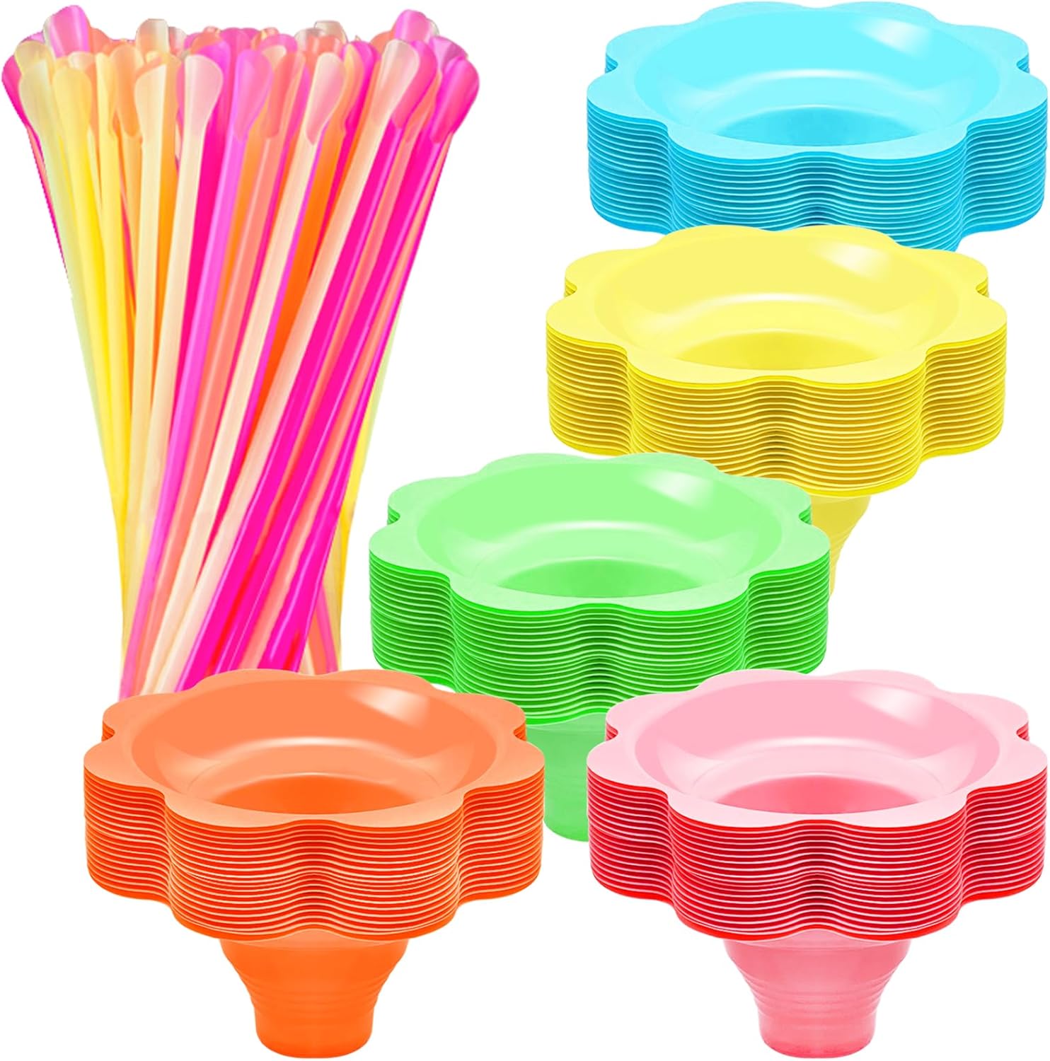 200 Pcs Colorful Snow Cone Cups with Spoon Straws,Flower Shaped Ice Cream Cup,Plastic Cone Snacks Cups for Summer Holiday,Party Trifle and Shaved Ice