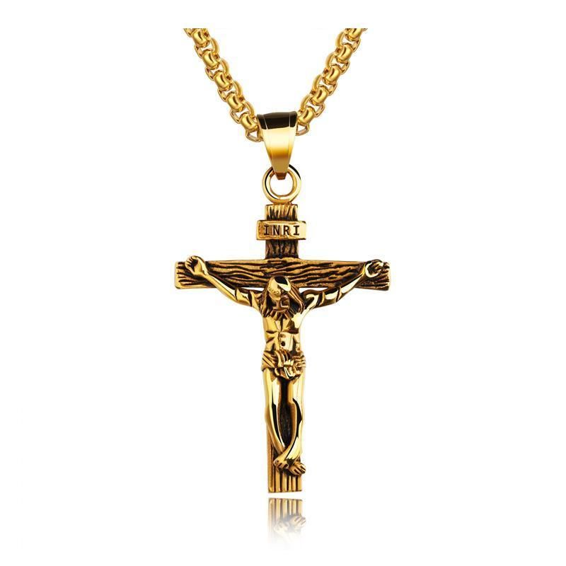 Men Stainless Steel Gold Silver Black Jesus Crucifix Pendant Chain Necklace Gold&Black - with 3*55cm rolo chain โ image 3