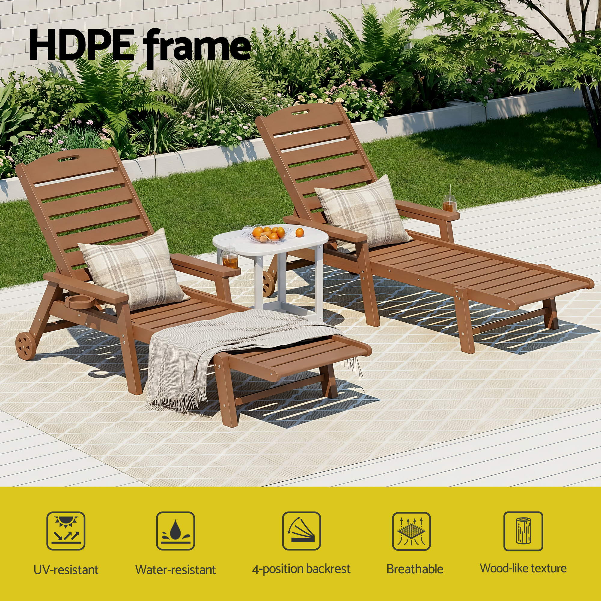 Gardeon Sun Lounge Lounger Table and Chairs Beach Chair HDPE Patio Outdoor Furniture Wheels Brown — image 4