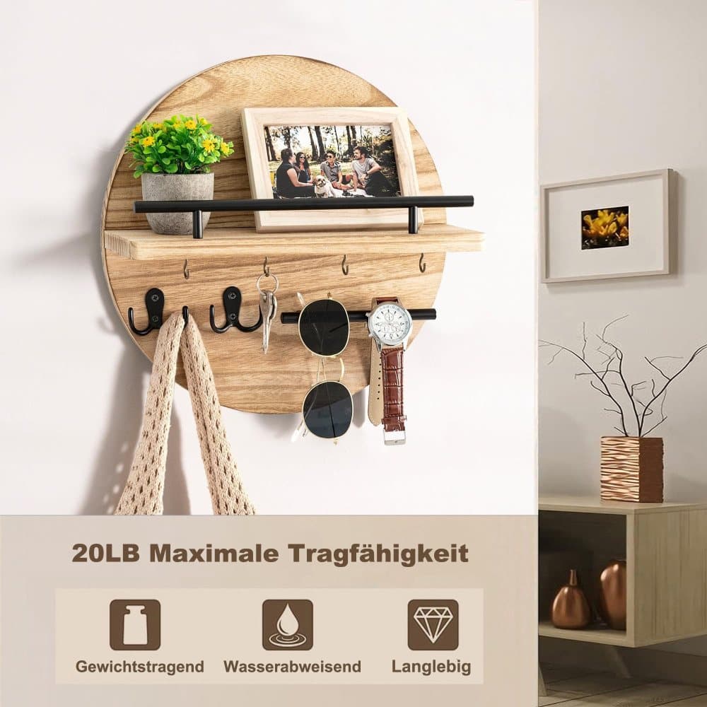 Wooden Key Holder with Storage Tray and Hooks for Hallway Corridor Bedroom Office, Light Brown — image 2
