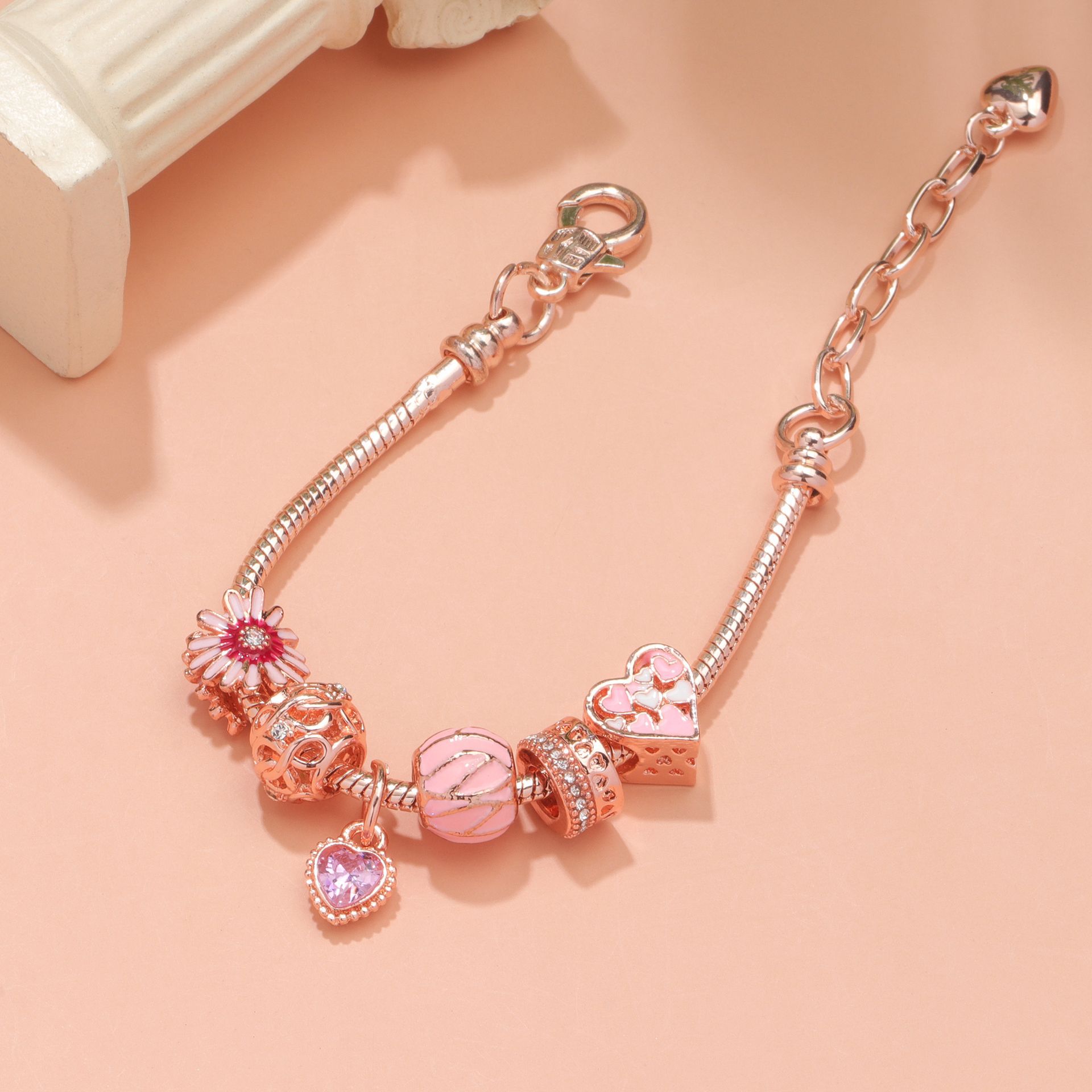Rhinestone Daisy & Hollow Heart Charm Bracelet - Minimalist Fashion Zinc Alloy Electroplated Jewelry(19cm) — image 2