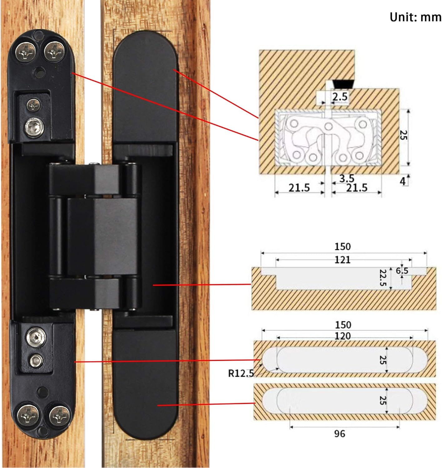 6inch Hidden Door Hinges Invisible Hinges Concealed Hinges Zinc Alloy 180 Degree Swing Hinge 3 Way Adjustable Butt Hinge 6 x 2.5 x 1 inch (Black Pack of 2) — image 6