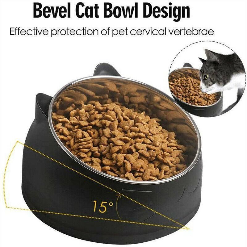 Pet Dog Cat Food Bowl Raised No Slip Stainless Steel Tilted Water Food Feeder - Black โ image 3