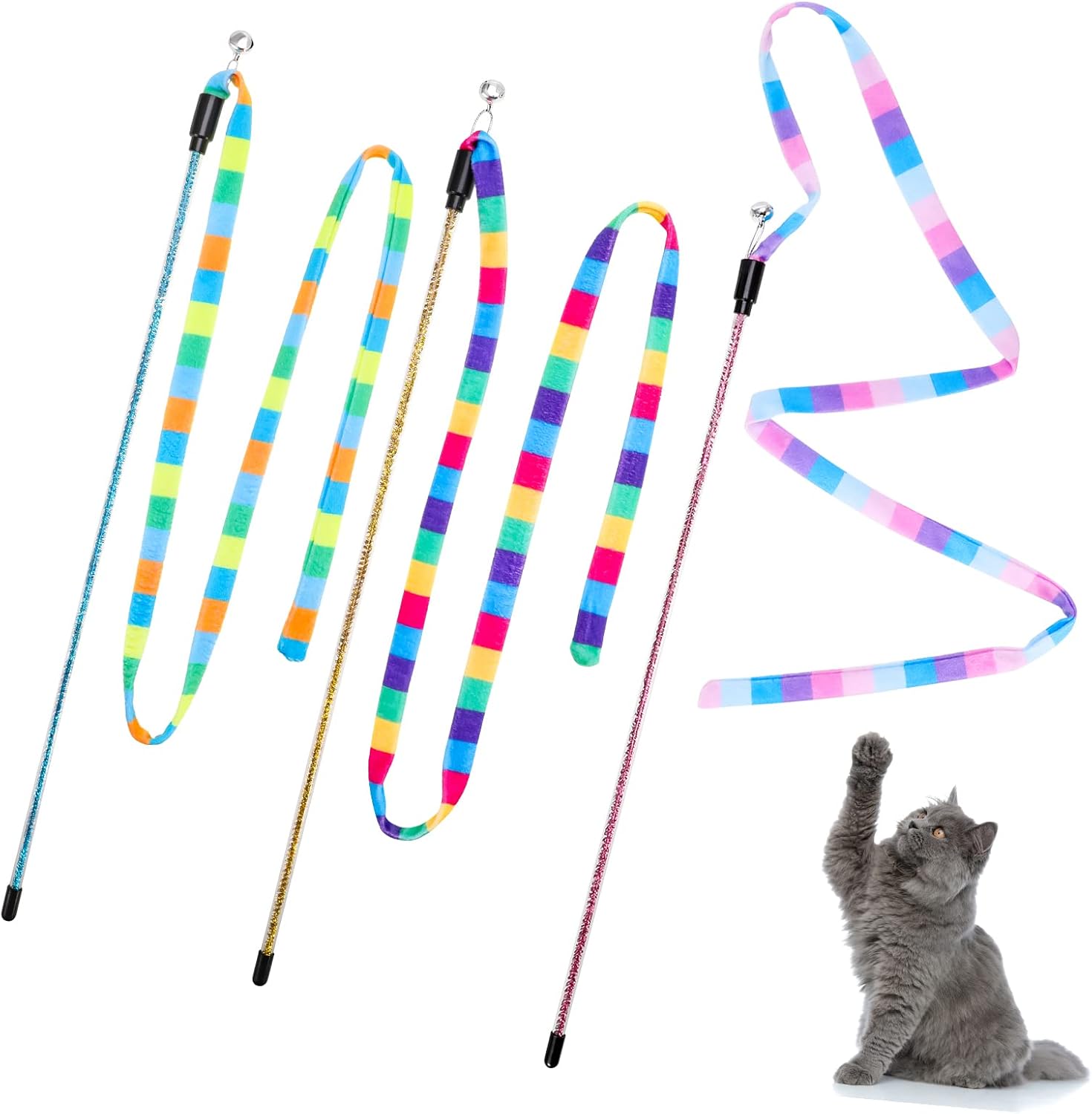 3 Pack Cat Wand Toy, Interactive Cat Rainbow Wand Toys, Interactive Cat Teaser Wand String, Rainbow Cat Teaser Wand String Plush Toy with Bell for Kitten Cat