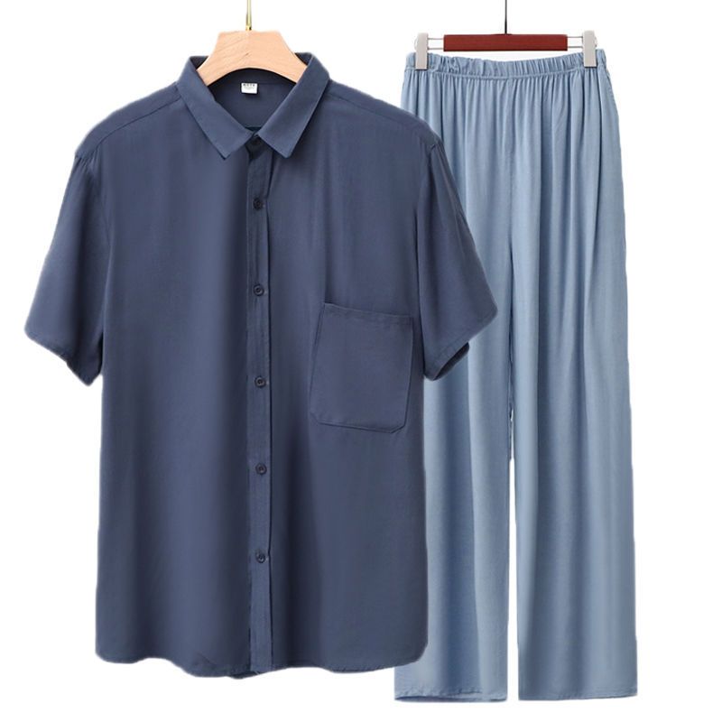 Men Rayon Short Sleeve Suit Set Summer Thin Casual Gray blue top + navy blue trousers XXL — image 3