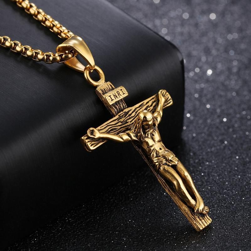 Men Stainless Steel Gold Silver Black Jesus Crucifix Pendant Chain Necklace Gold&Black - with 3*55cm rolo chain โ image 4