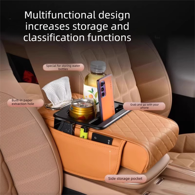 Wine red Car Central Armrest Box Raiser Pad with Cup Holder, Tissue Box & Phone Storage – 4-in-1 Multi-Functional Design — image 2
