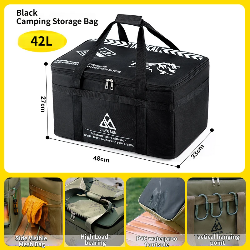 42L Collapsible Outdoor Tactical Organizer, Oxford Fabric Large Capacity Camping Gear Storage Bin with Waterproof PVC Base & Hanging Webbing for Picnic