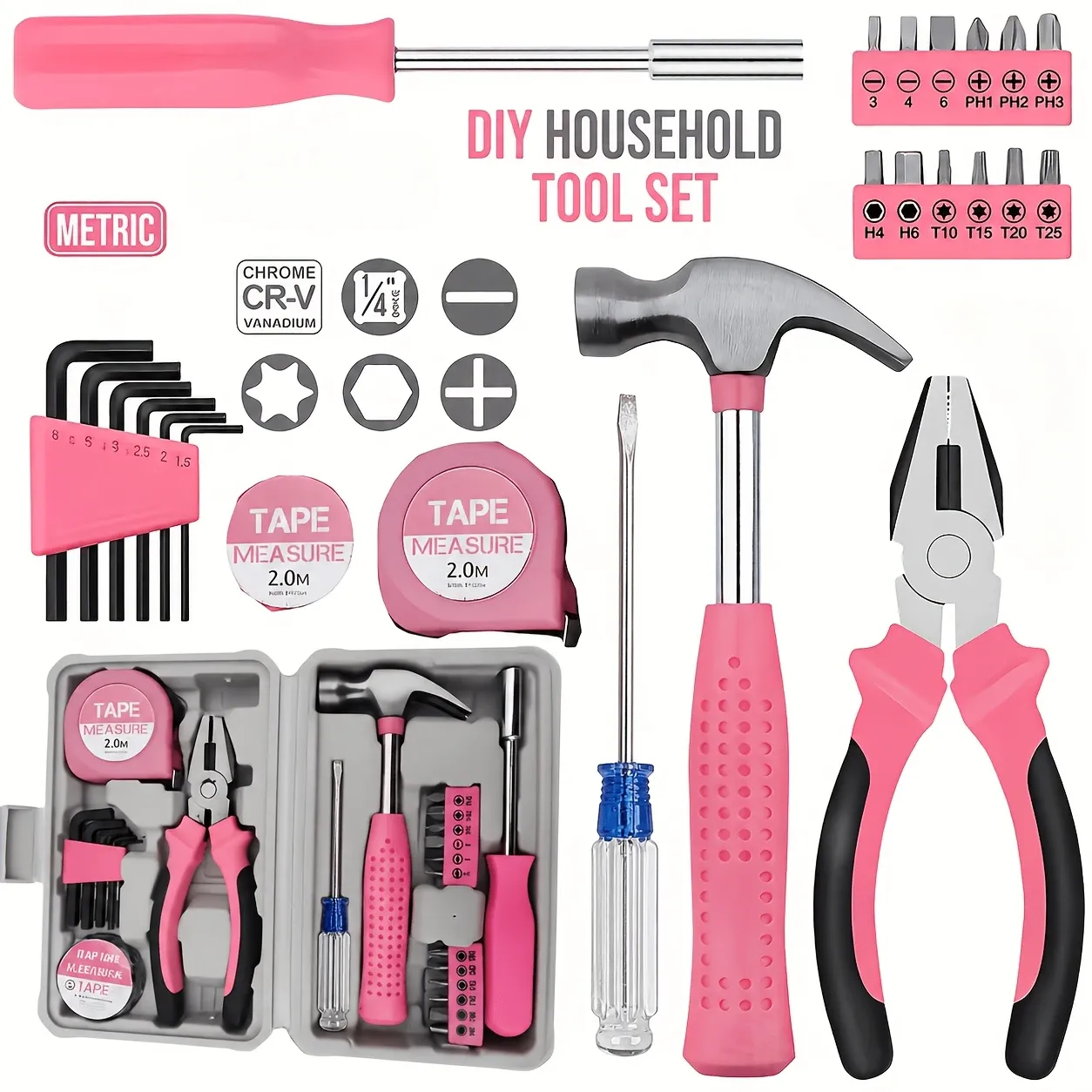 24-Piece Premium Carbon Steel Tool Set: High-End Pink Design, Rust-Resistant & Durable, Ergonomic Grip, Portable Storage, Practical for Home Repairs & Gifting — image 3