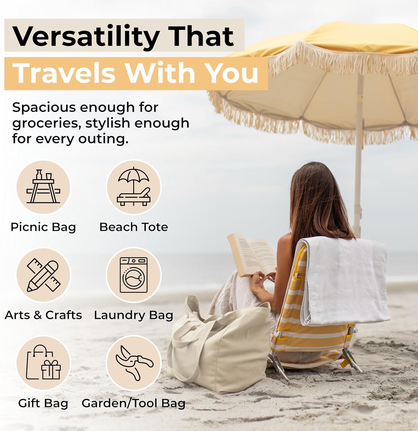 Canvas Grocery Bag 3pc XL Set with Real Pockets, Long Shoulder Strap and Short Handle. Heavy Duty, Foldable, Washable — image 5