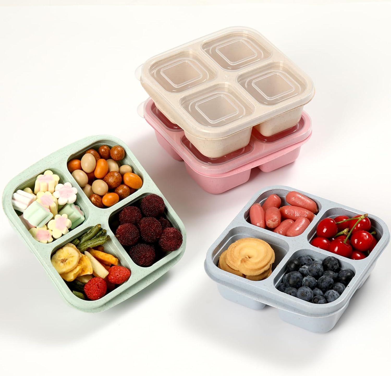 4-Pack Wheat Straw Bento Snack Boxes, 4-Compartment Reusable Lunch Containers for Kids & Adults, BPA-Free Portion Control, Microwave & Freezer Safe
