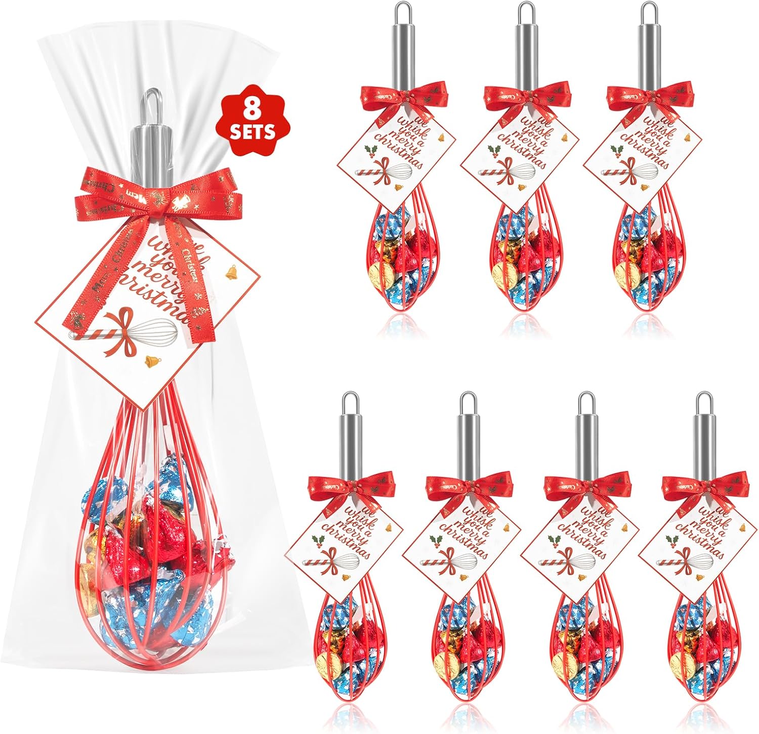 Christmas Whisk Gifts for Neighbors – 8 Sets 8“ Red Silicone Whisks with “We Whisk You a Merry Christmas” Cards, Gift Bags & Ribbons, Fun DIY Stocking Stuffers
