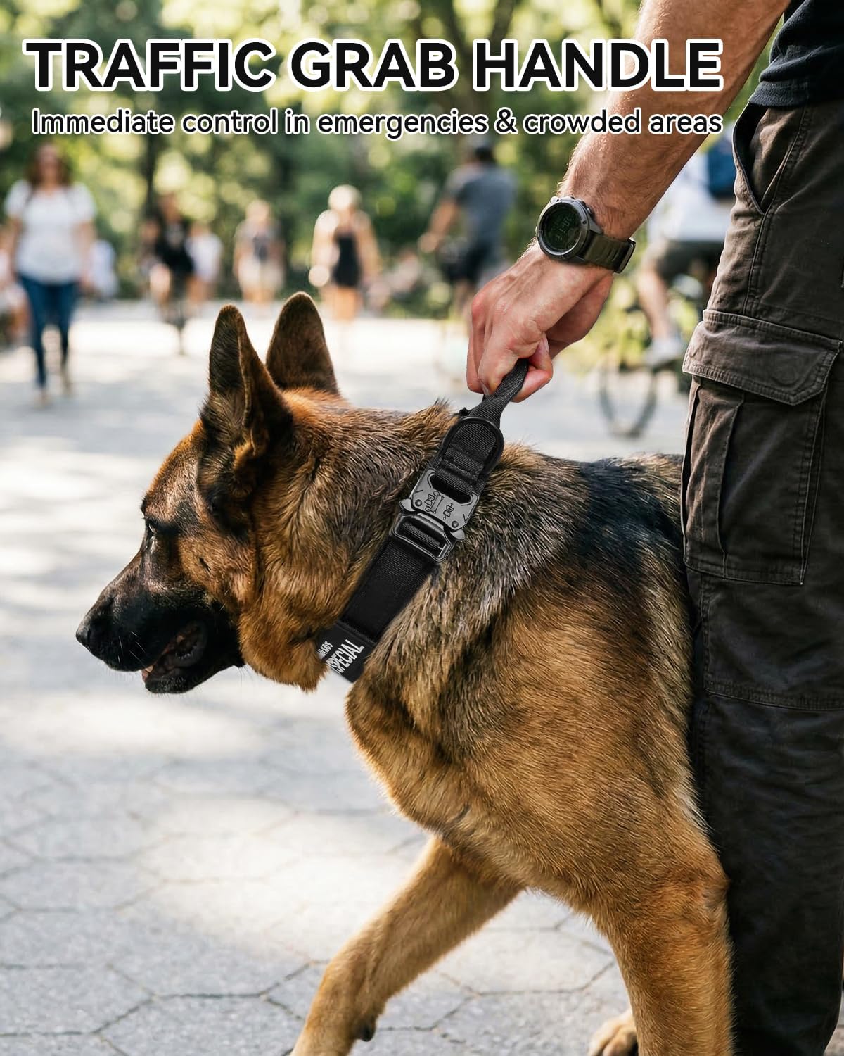 Tactical Dog Collar with Handle and Metal Buckle, Heavy Duty Padded Military 2 Patches for Training, Adjustable Large Dogs, Black, L Black — image 2
