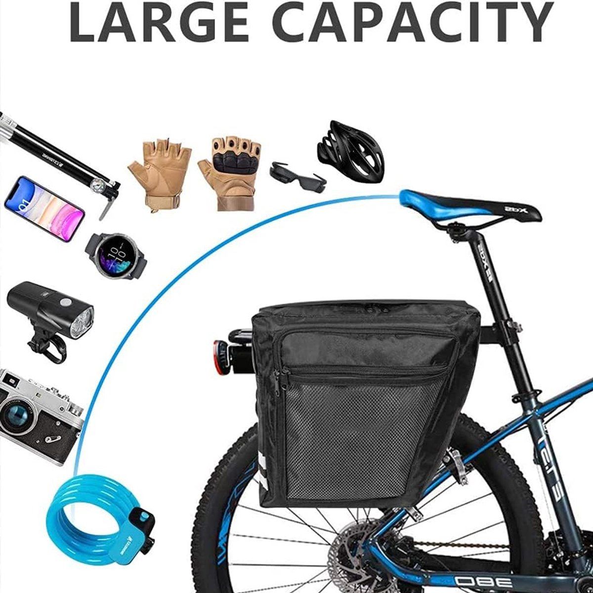 Waterproof Bicycle Rear Pannier Bag with Rain Cover, Large Capacity Carrier Bag for Commuting, Touring and Outdoor Cycling, Black โ image 4