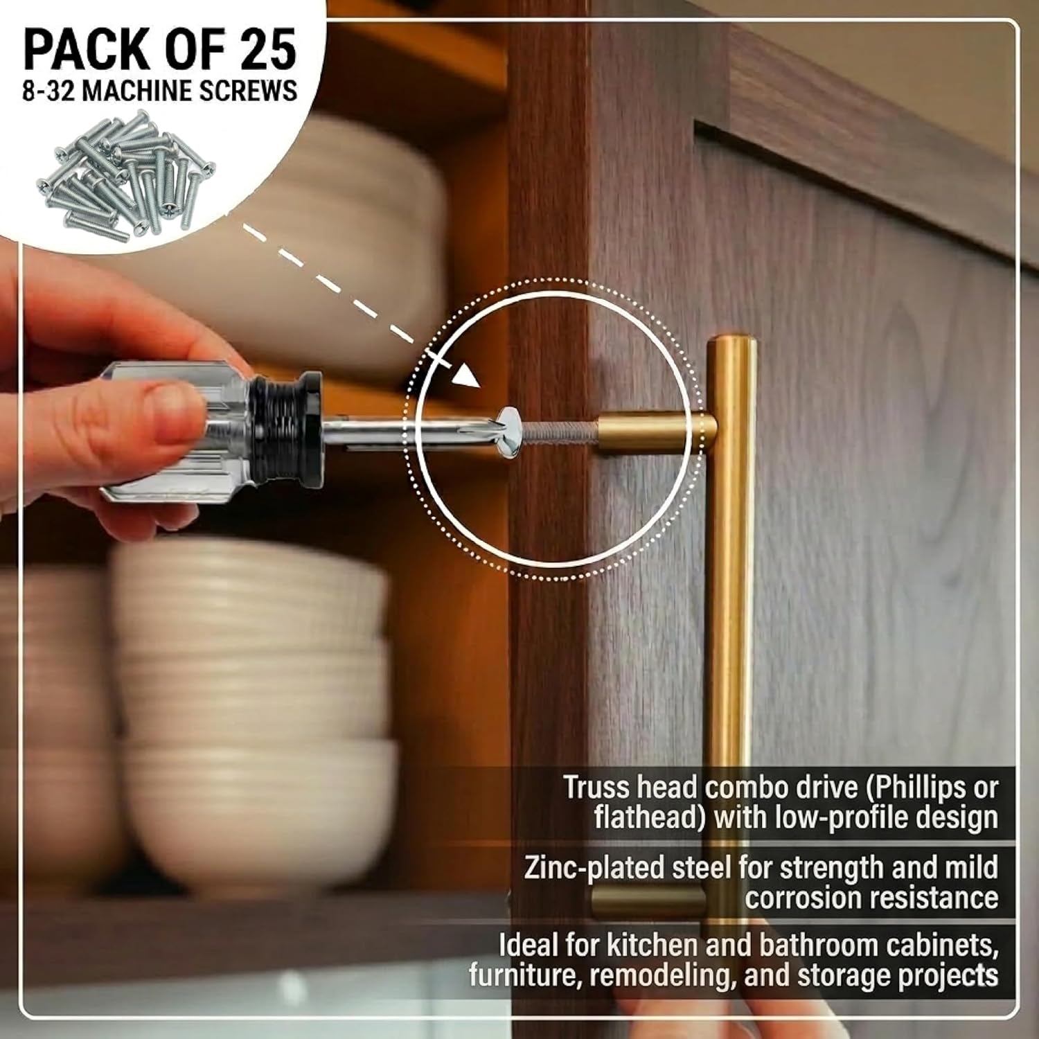 Cabinet Knob & Pull Machine Screws 25-pk (8-32 x 1-1/2") or Choose Your Length; Fasteners for Kitchen & Bathroom Drawer & Door Hardware โ image 4