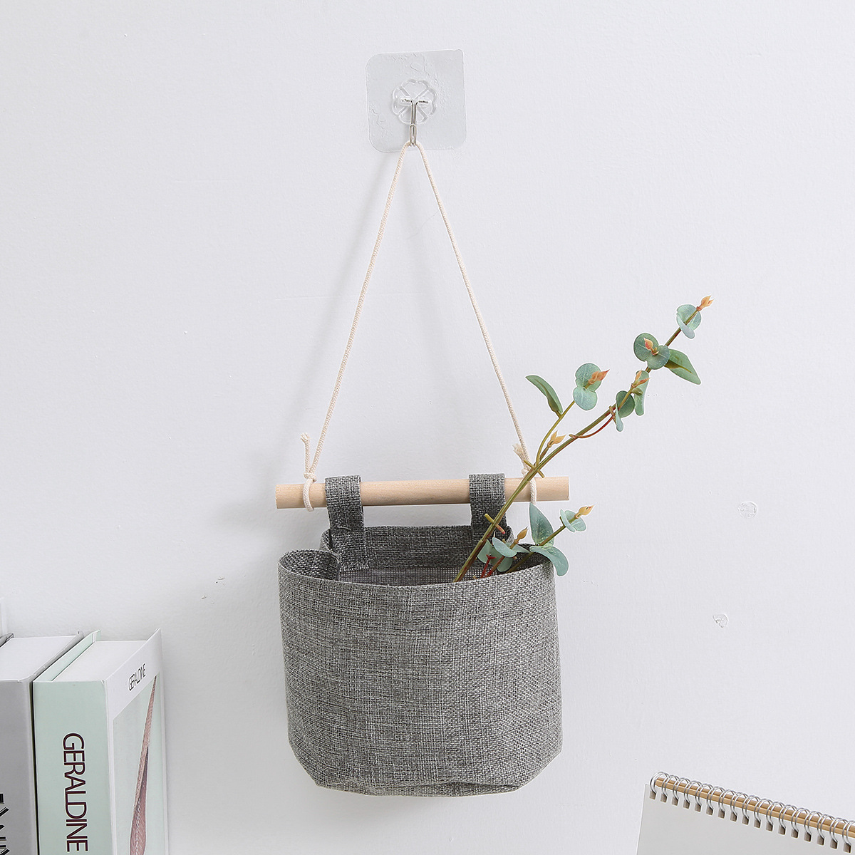 3 Layer Hanging Storage Bag with Pockets, Cotton Linen Wall Organiser for Bedroom, Bathroom, Nursery and Door Storage, Grey — image 3