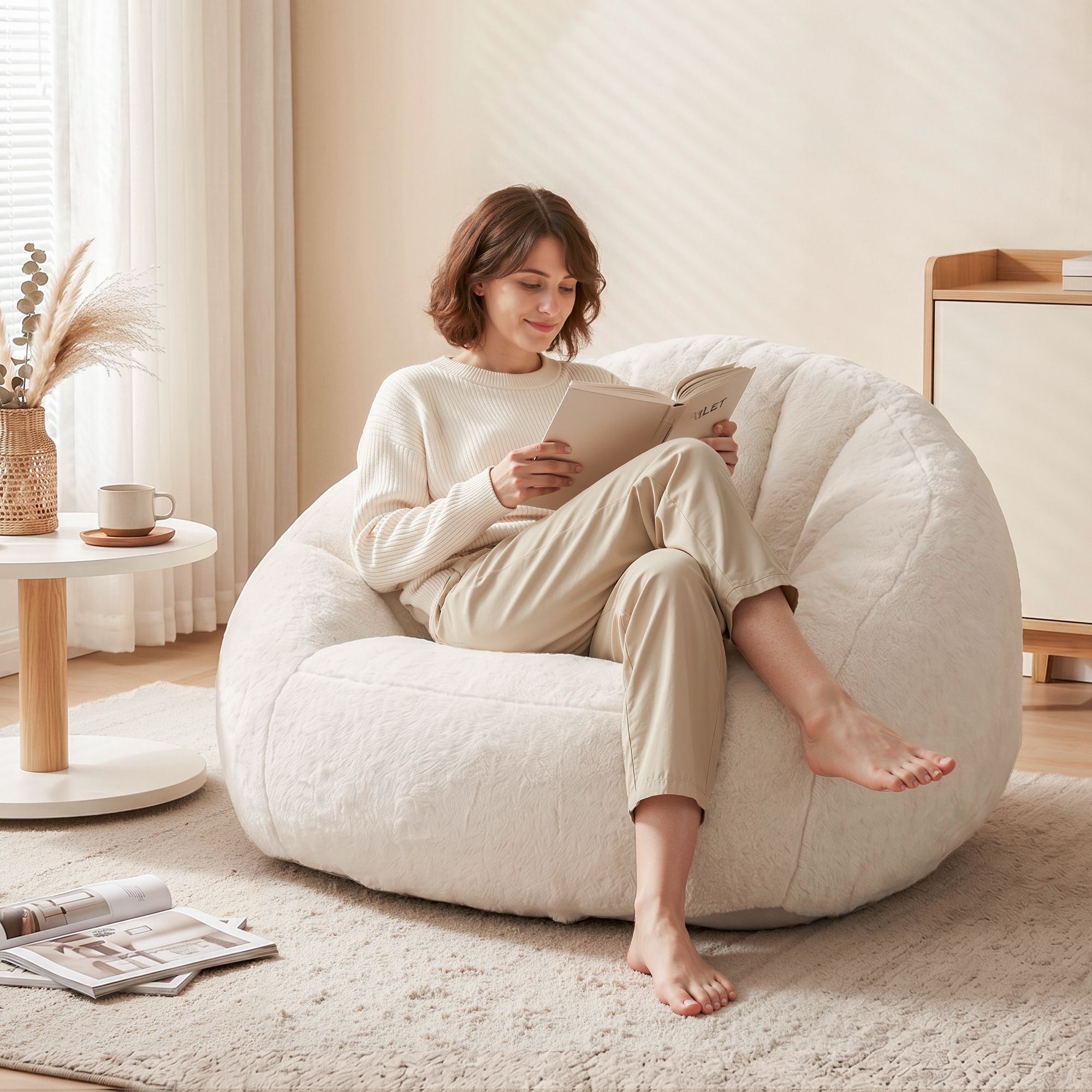 Artiss Single Small Boneless Couch Comfy Bean Bag for Living Room Faux Fur White โ image 5