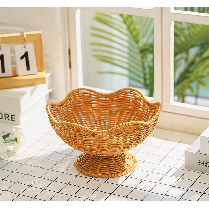 Hand-Woven Basket Flower-Shaped Basket Fruit Basket Vegetable Basket Storage - Khaki - Size M — image 6