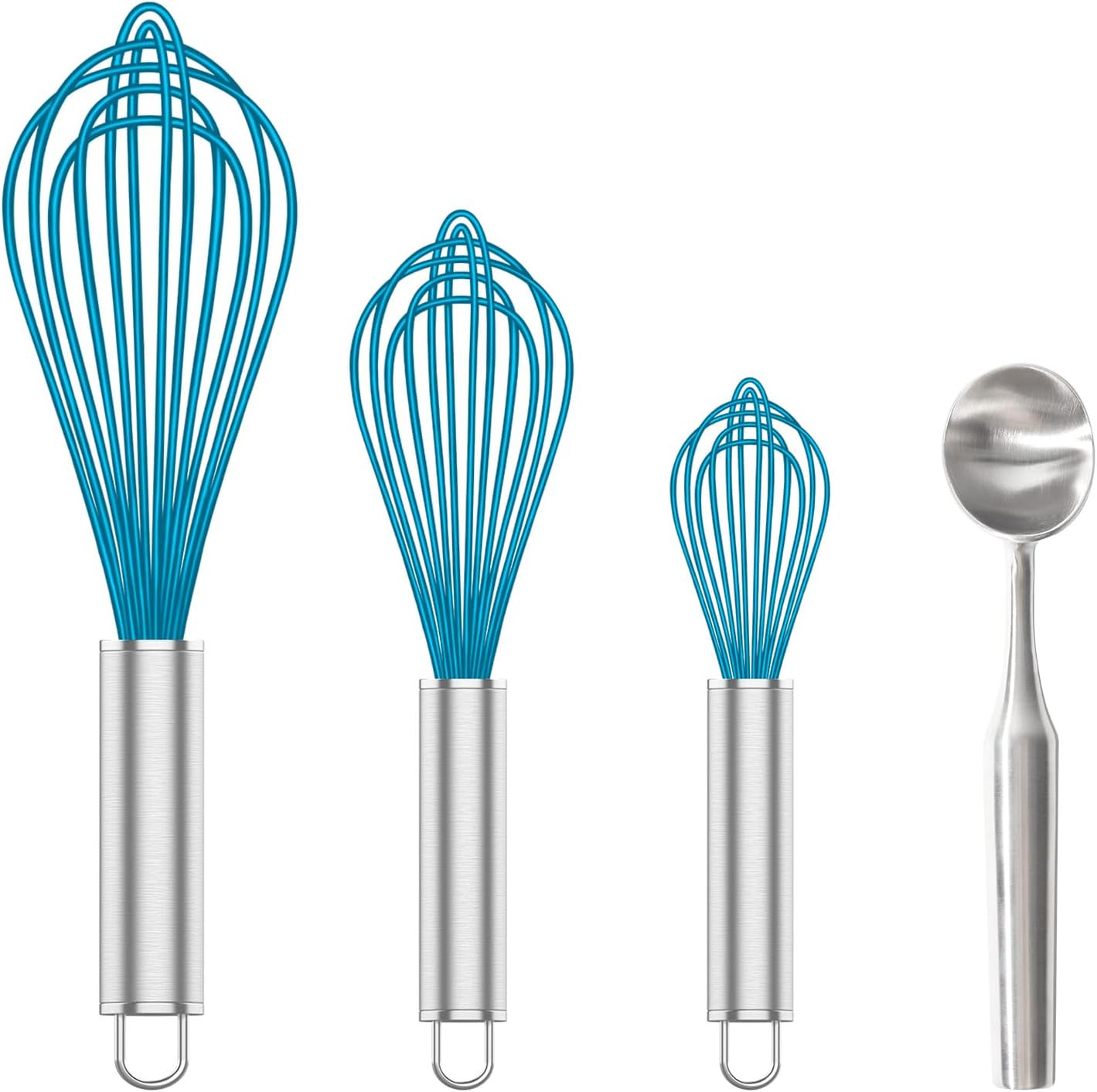Silicone Whisk & Stainless Steel Ice Cream Scoop Set, Blue Silicone Whisk for Cooking & Heavy Duty Ice Cream Scooper, Dishwasher Safe