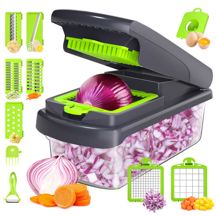 Green and White 14-Piece Multifunctional Vegetable Chopper and Slicer Set - Kitchen Cutting and Grating Tool โ image 2