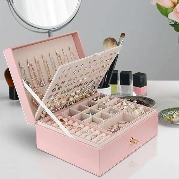 Jewelry Box for Storing Necklaces, Earrings, Bracelets and Rings, Large PU Leather with 3 Layers Stackable Jewelry Box, Pink Pink-tfrf Pink โ image 5
