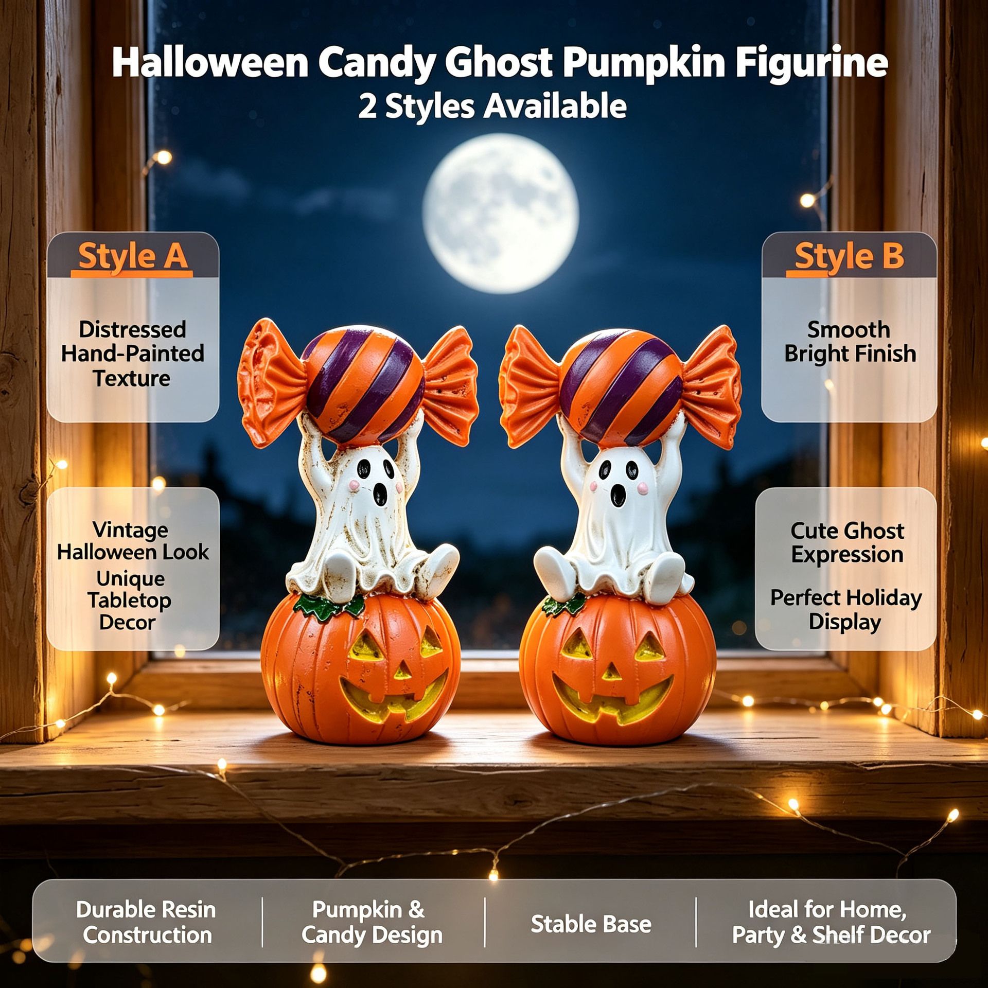 Halloween Resin Ghost Pumpkin Figurine: Little Ghost Sitting on Pumpkin with Candy on Head, Glossy Finish, Perfect Desktop and Party Decoration โ image 3