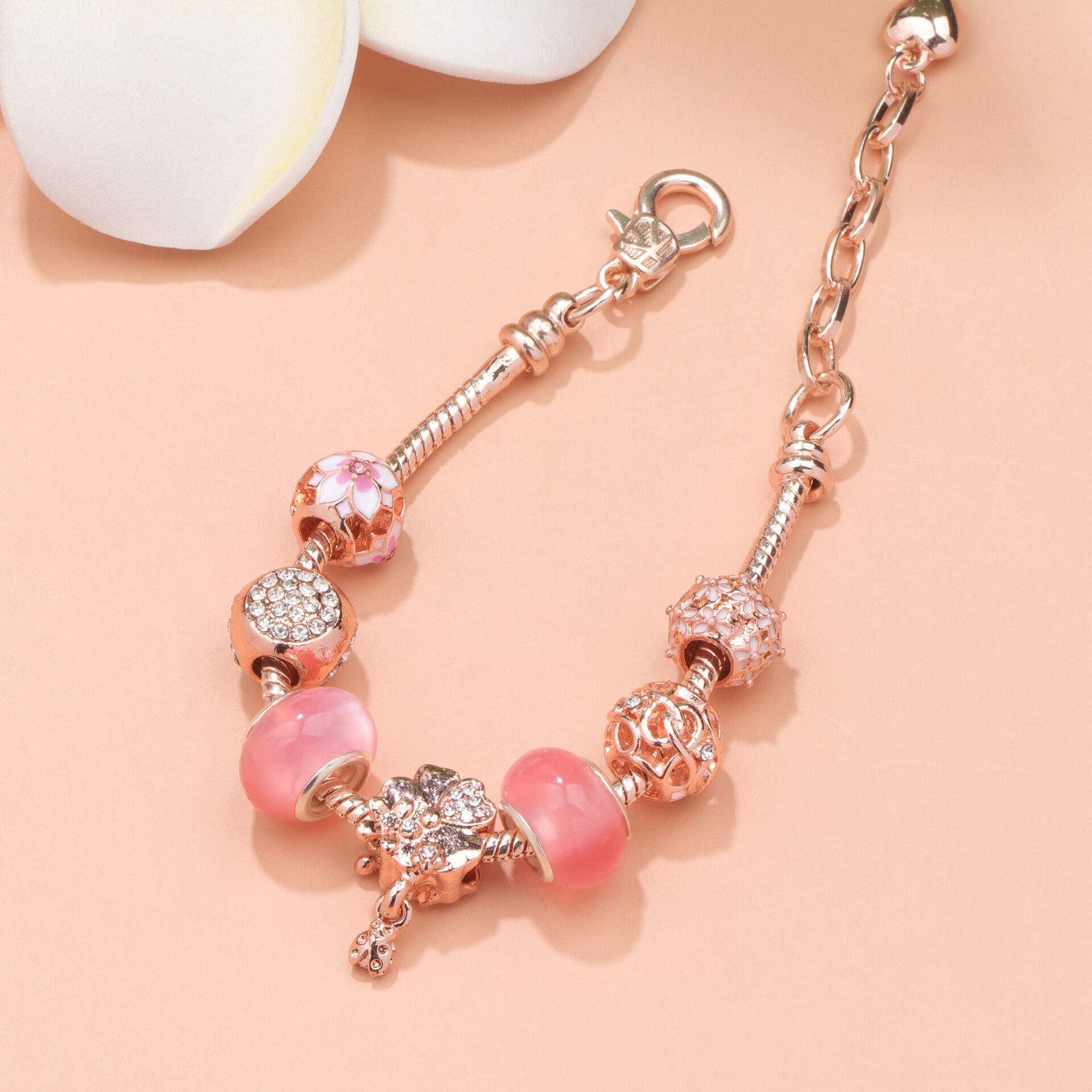 Rose Gold Beaded Bracelet with Floral & Zircon Accents(19cm) — image 2