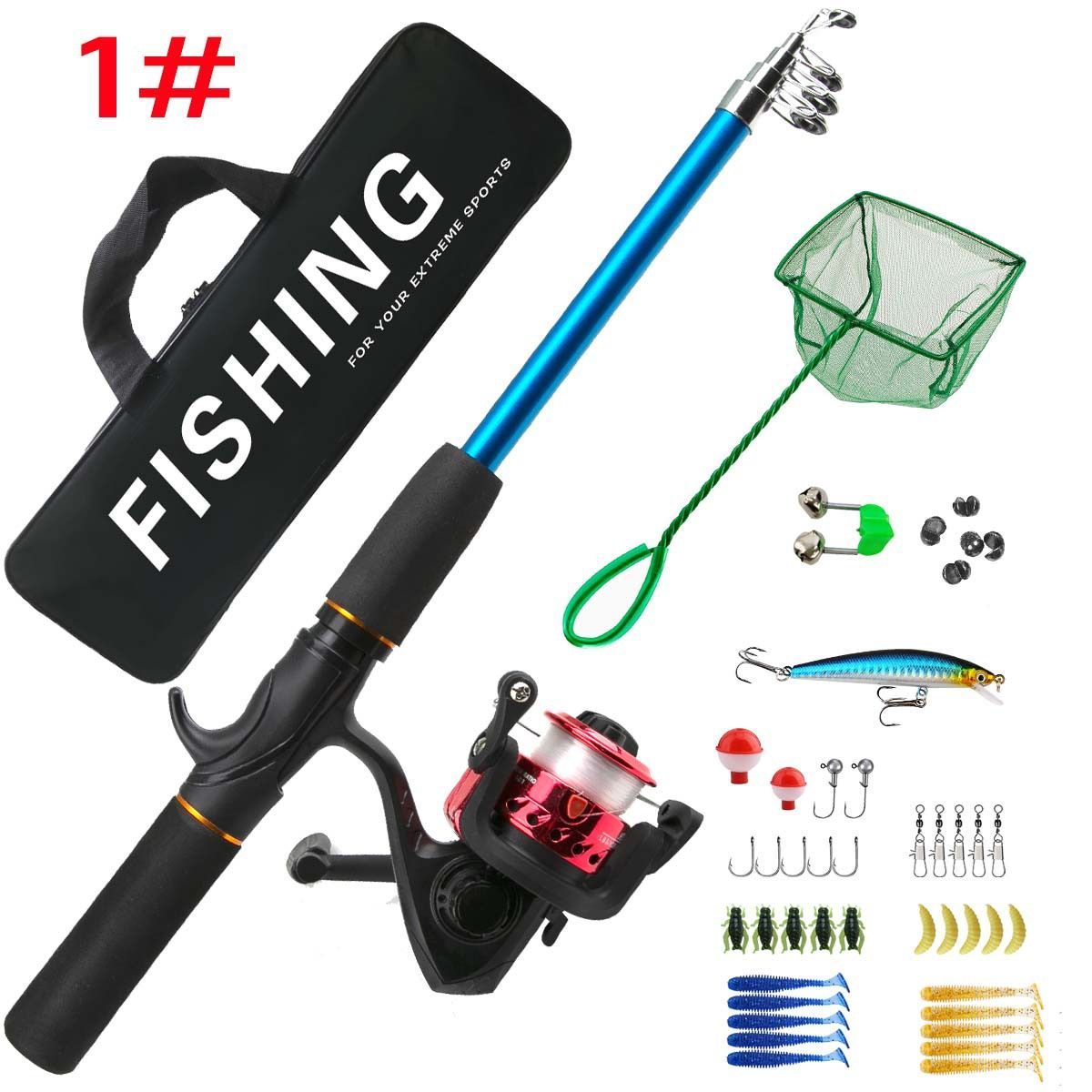 Beginner Fishing Set Fishing Tackles Including Reel Telescopic Rod Float Baits Hook Connector Landing Net & Storage Bag Rod - Green Set 3 - Size 1 โ image 3