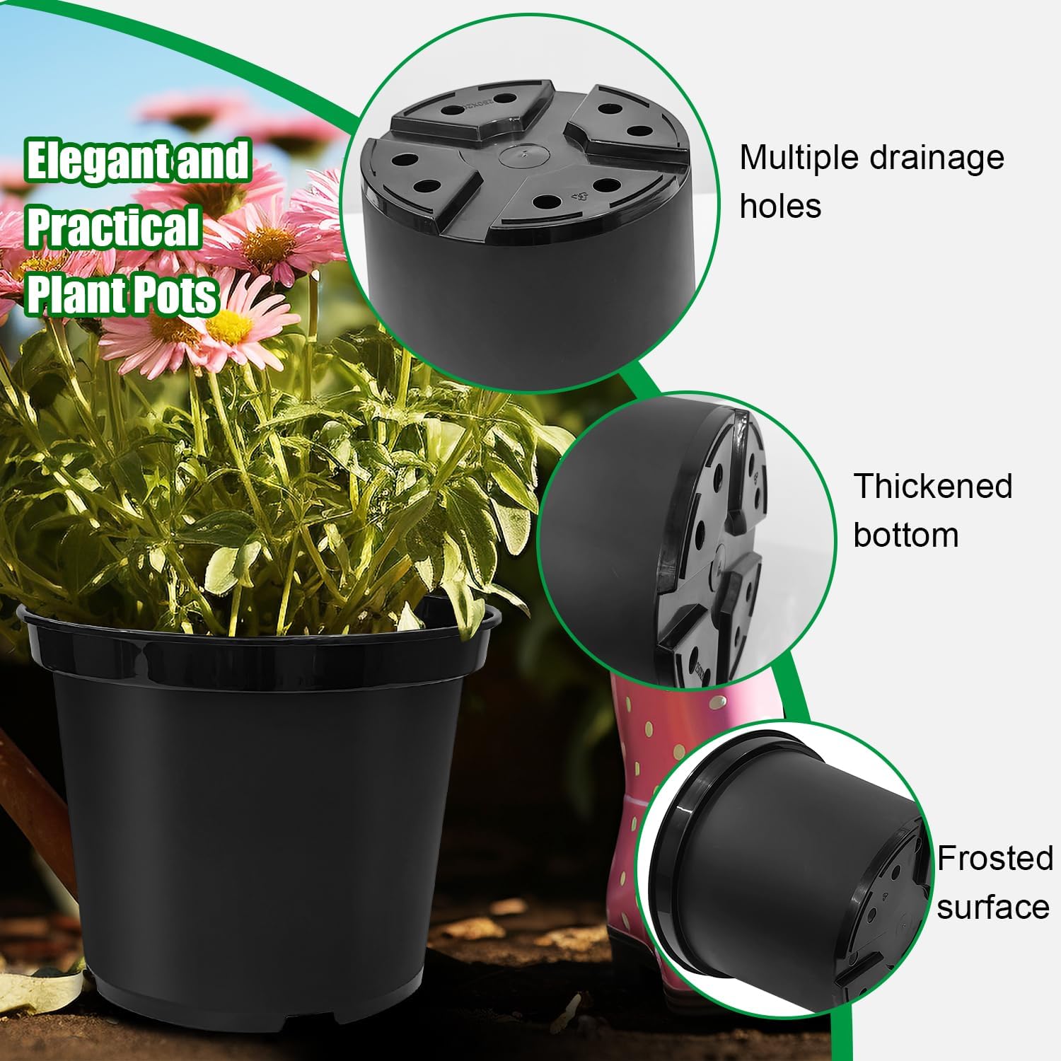 5 Gallon 12 Inch Plastic Nursery Pots, Plant Containers with Drainage Holes, Round Sturdy Garden Planters for Indoor/Outdoor Greenery, Gardening Gifts for — image 4