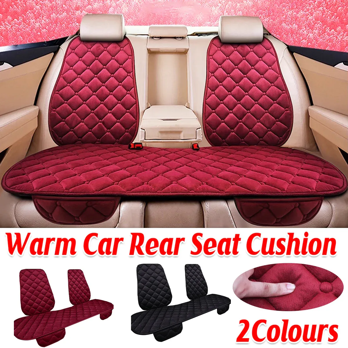 Universal Plush Seat Cushion Set Winter Warm with Backrest for Rear Row - Red โ image 2