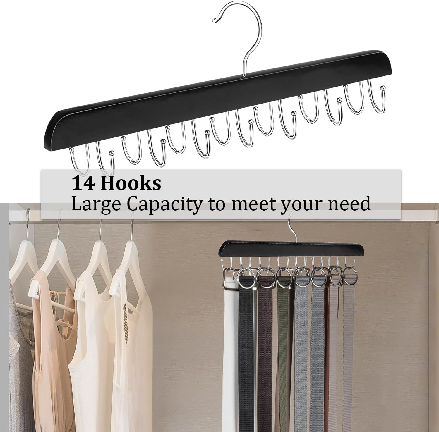 Belt Hanger Belt Organizer Tie Rack Tank Top Bra Hanger Tie Hanger Bra Organizer for Closet with 14 Hooks,Upgraded 360°Rotating,Space Saver for Underwear & Tie — image 5