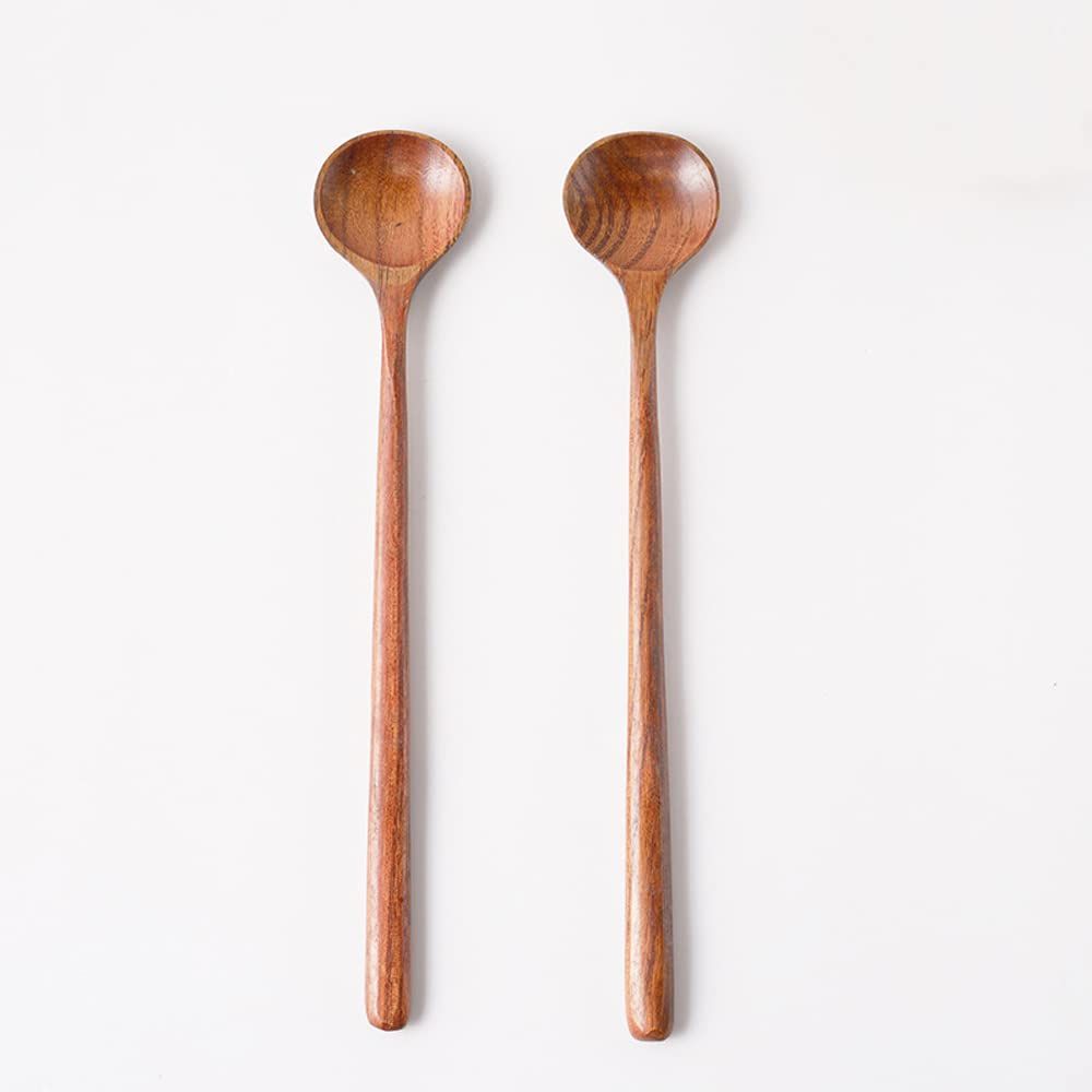 Wooden Soup Spoon, 2PCS Wooden Long Spoons Korean Style Natural Wood Long Handle Round Spoons Long Soup Spoons
