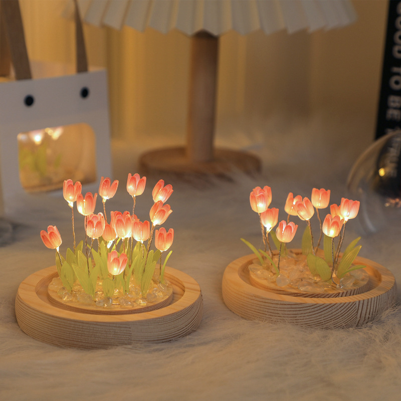 (Thirteen Pink Tulips) Glowing Tulip Dome Lamp - Wooden Base, Bedside Table Decoration โ image 2