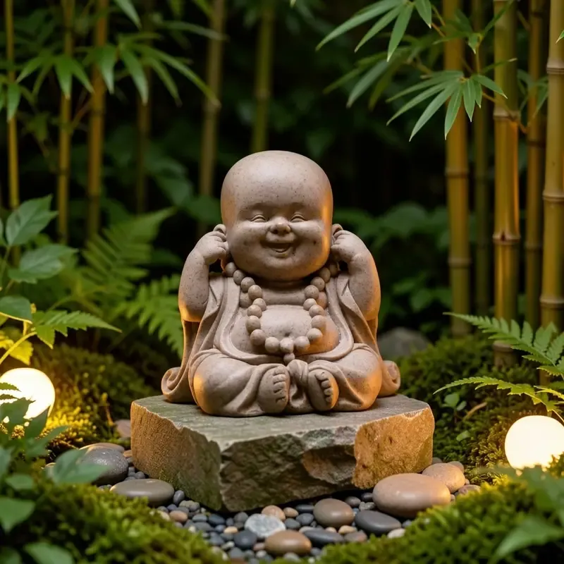 Zen Monk Resin Figurine, 3 poses hear-see-speak no evil, sandstone texture, serene smiling Buddha, perfect for tea pet, desk, car, indoor & garden decor — image 4