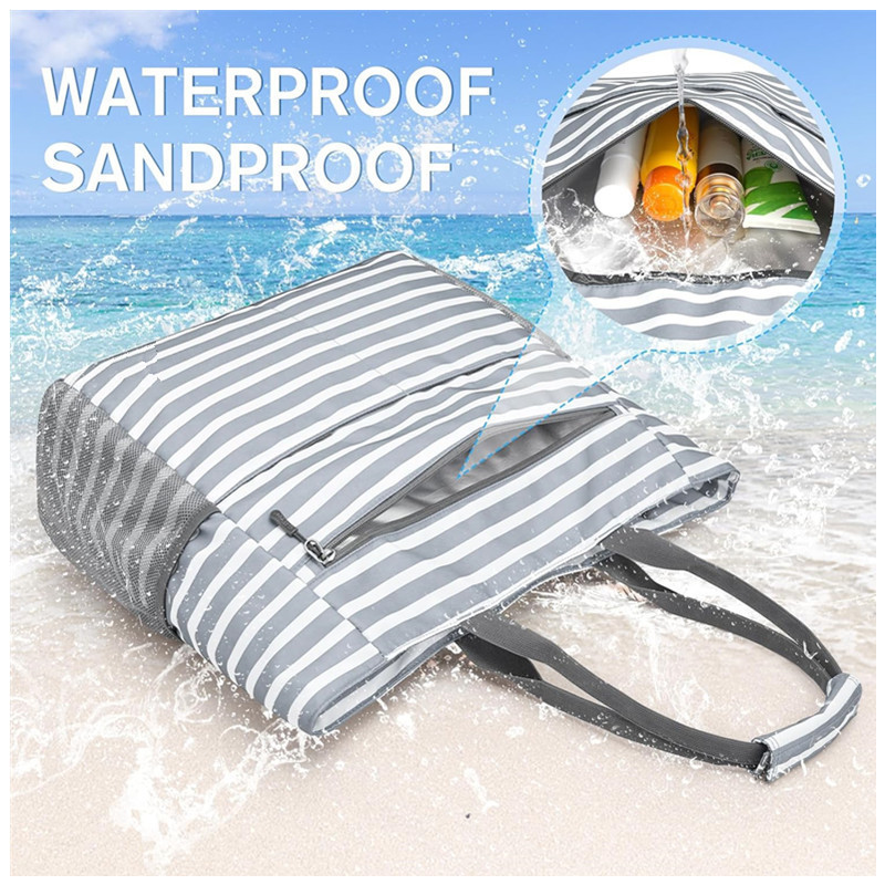 Gray Striped Beach Bag - Spacious Lightweight Tote for Travel, Pool & Vacation English Description — image 3