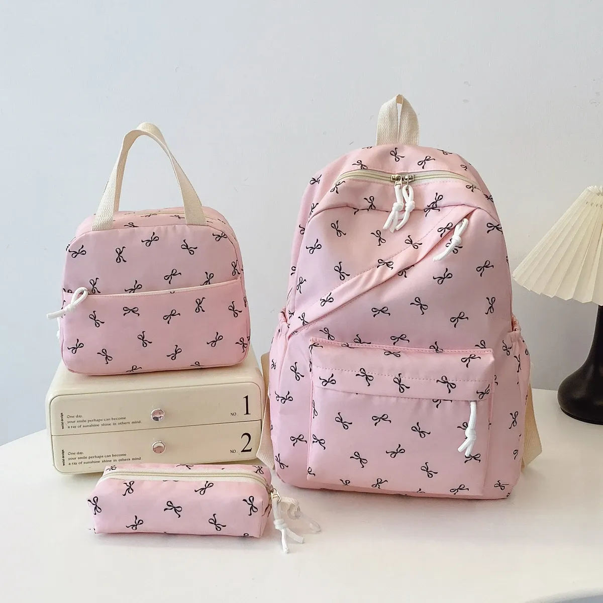 Sweet Bowknot 3-Piece Backpack Set! Large Capacity & Ergonomic Support, Splakpsh-Resistant, Bacack+Tote+Pencil Case, Perfect Gift for School/ pink colour