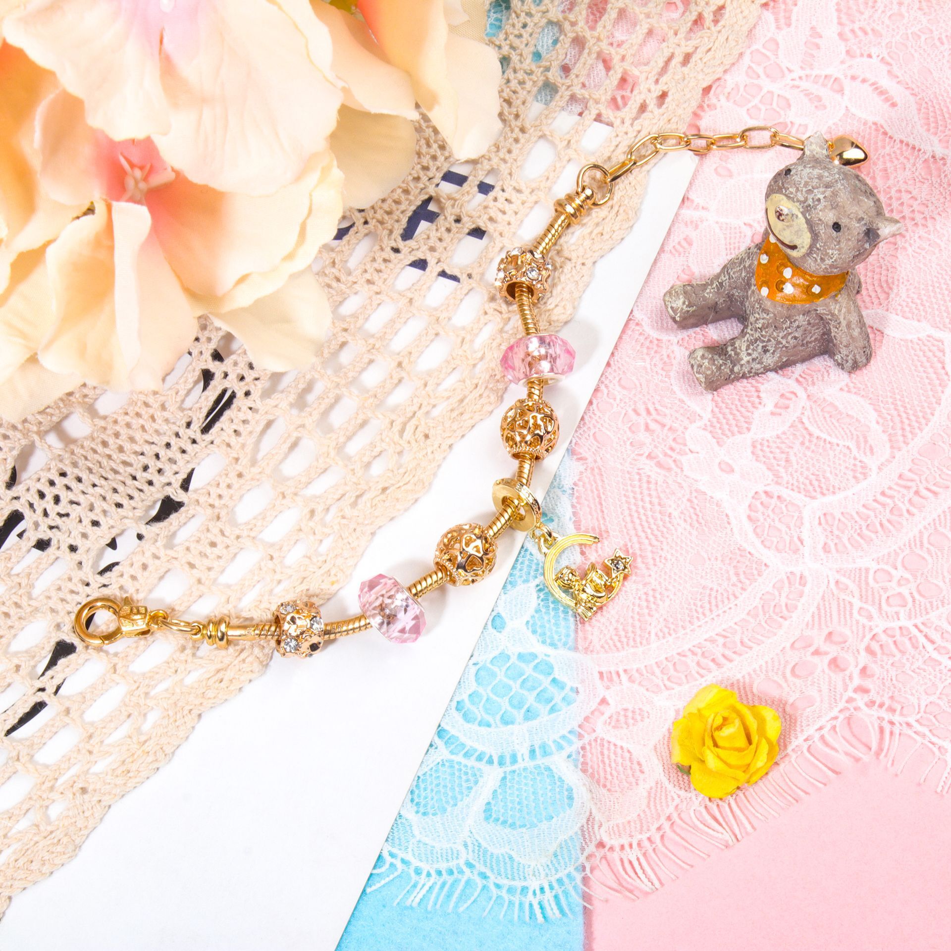 Sweet Style Crystal Rhinestone Gold Star Moon Pendant Cute Pink Bead Bracelet(18cm) โ image 3