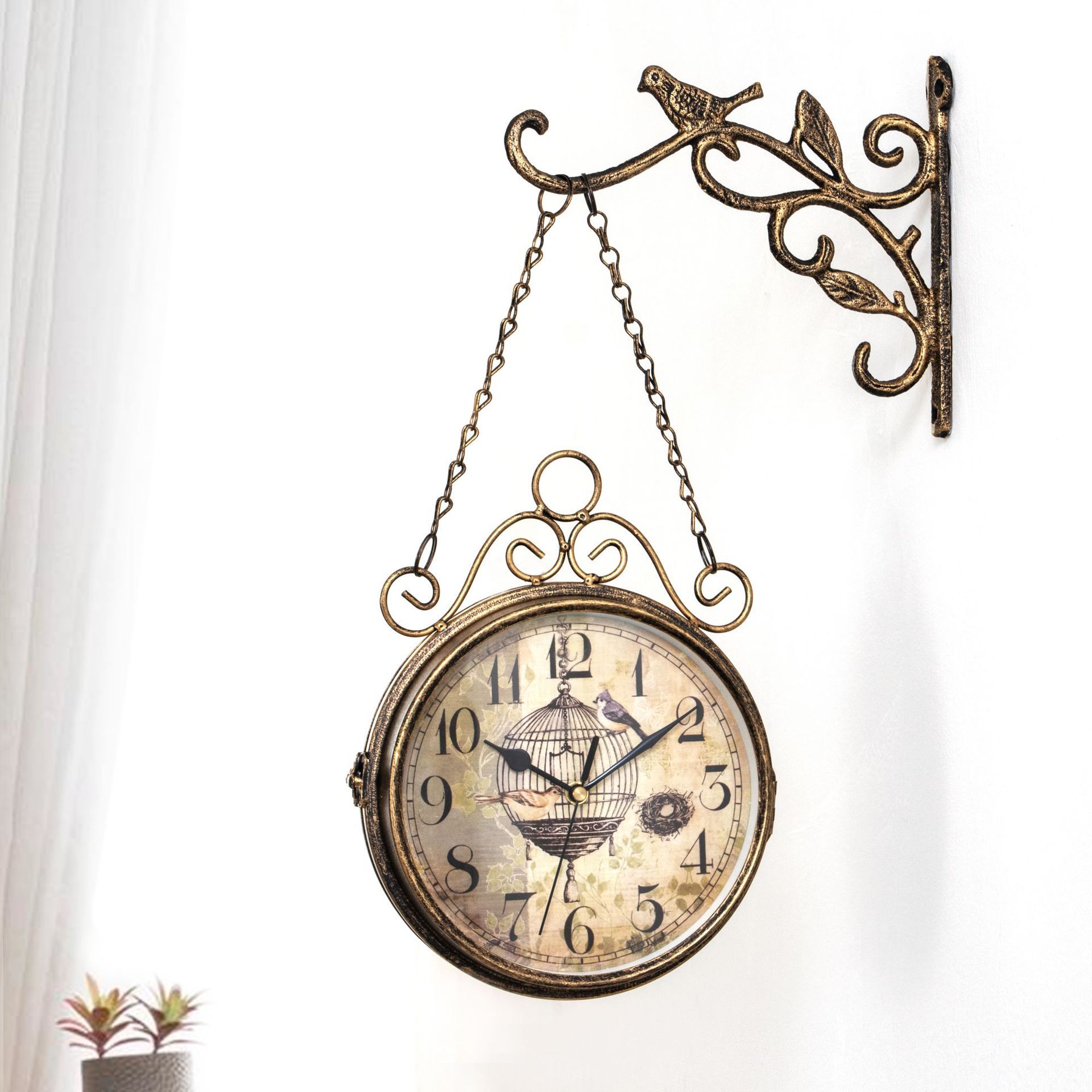 Retro Double Sided Wall Clock Wrought Iron Two Faces Antique Wall Clock Hanging Clock Non-Ticking Clock Brown 8 Inches — image 3