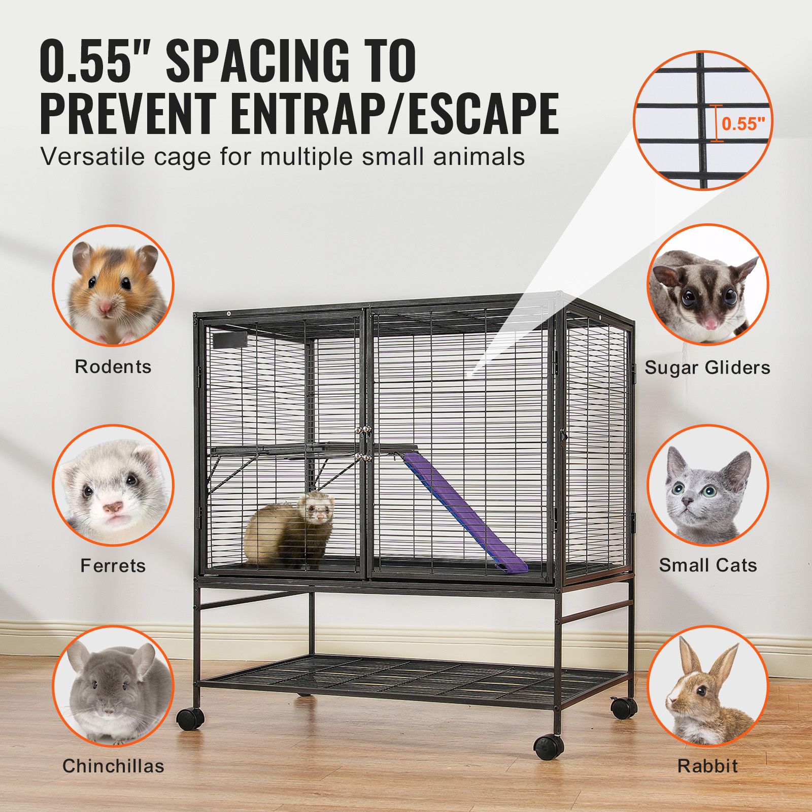 39" Metal Small Animal Cage 2-Tier Rolling Ferret Cage with Tray A Ramp — image 3