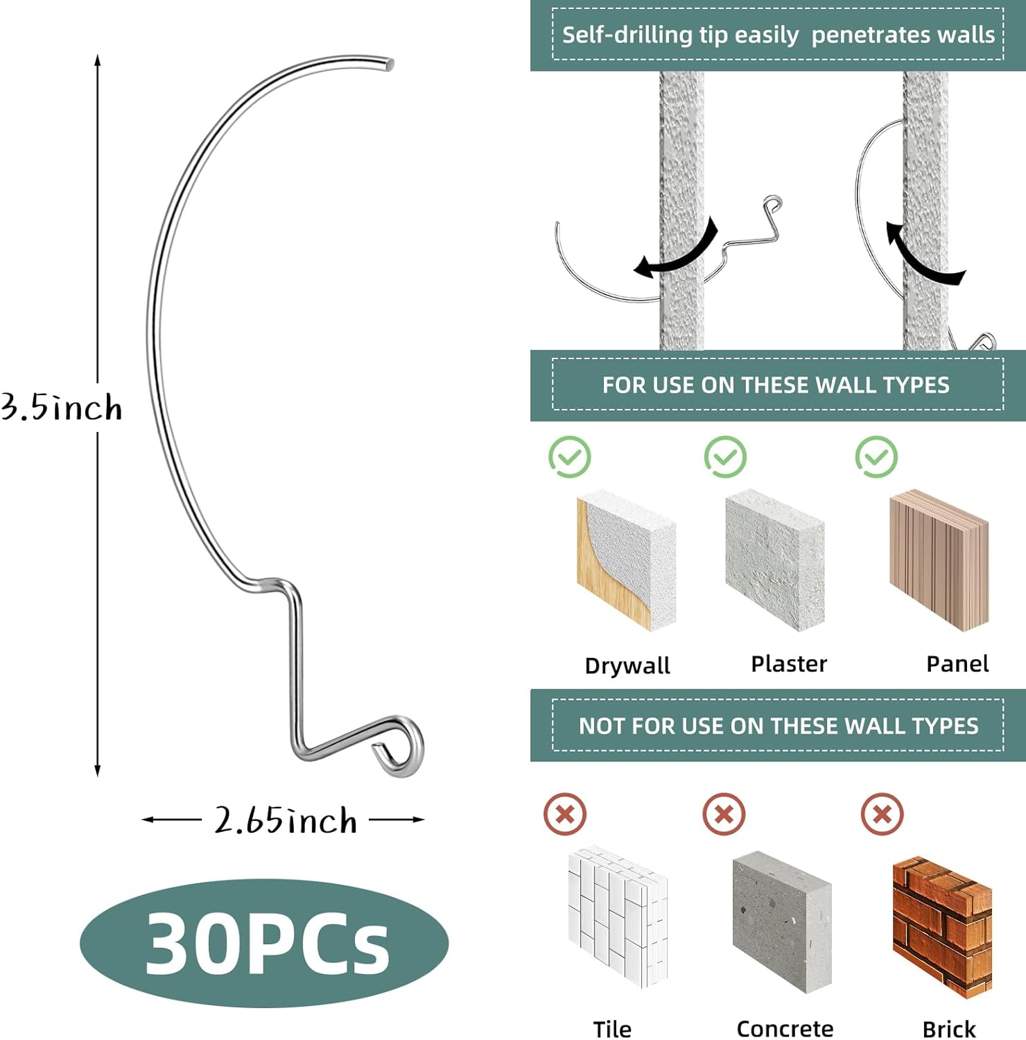 30Pcs Picture Hanger Hooks Super Hooks for Hanging Drywall Picture Hanging Hooks Heavy Duty Wall Hooks for Hanging Pictures, Photos, Frames, Planters, Art — image 2