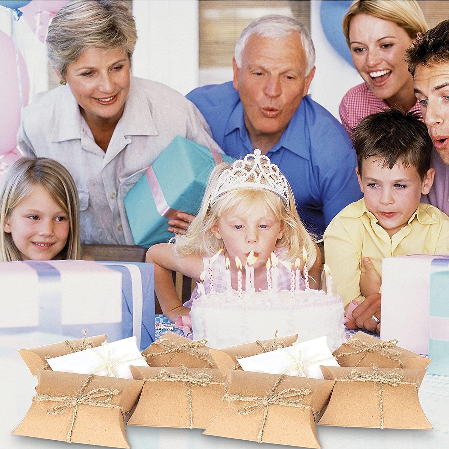 BallHull Kraft Paper Pillow Candy Box, Foldable Gift Box with Jute Rope for Weddings, Parties, Birthdays, Holidays, 60 Pcs β image 4