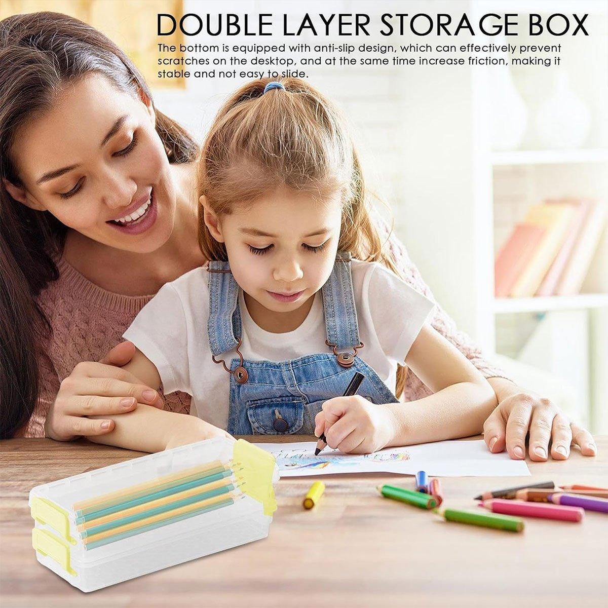 3PCS Clear Plastic Desktop Storage Box 2 Layer Holder DIY Stationery Pencil Case - Yellow โ image 5